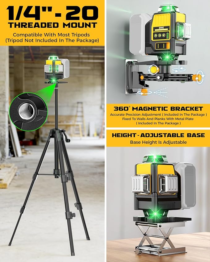 DIYtoolifz Laser Level Compatible with DeWalt 20V Battery, 4D 4x360° Self Leveling, 4 Way Green 16-Line Lazer Leveler Tool for Construction Project, Floor Tile, Home Renovation, Indoor Use, Tool Only