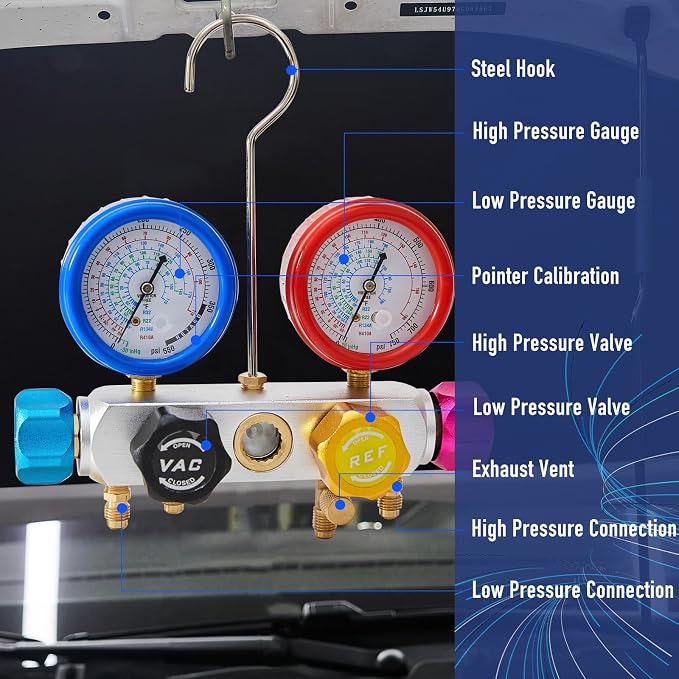 BACOENG R32 AC Vacuum Pump and Gauge Set, 5 CFM HVAC Vacuum Pump Kit for Mini Split System, Sparkless Motor for R32 R410a R134a R22 Refrigerants - w/ R410a Mini Split Adapter & 4x5FT Hoses
