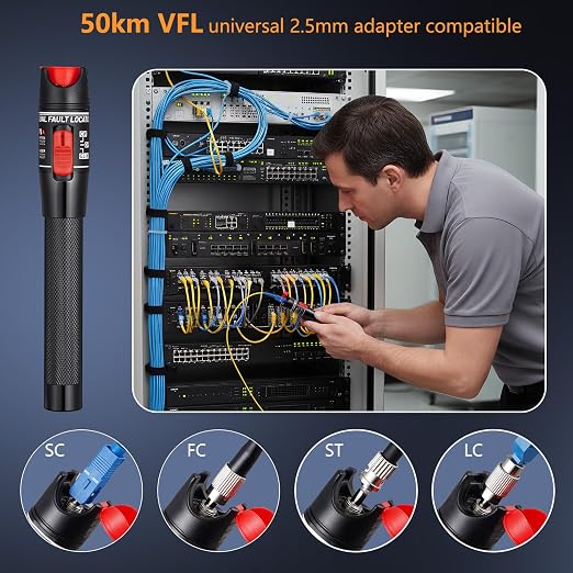 Visual Fault Locator 50KM - VFL Fiber Optic Tester Kit with Universal 2.5mm Connector, Includes FC to LC Adapter, Compatible Single Mode 9/125um & Multimode, Fiber Light & Laser for CATV Telecom
