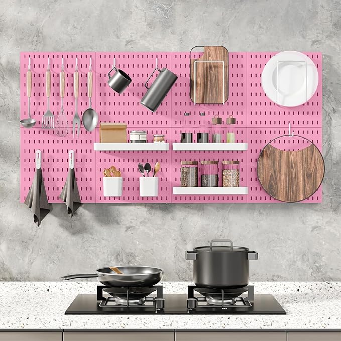 MULSAME Pegboard Combination Kit, Wall Mounted Storage Set with 8 Pegboards & 28 Accessories Hanging, Peg Boards Organizer for Walls Display, Crafts Organization, Kitchen Organizer, 22" x 44" Pink