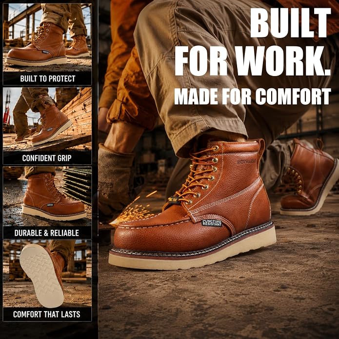 Work Boots for Men, 6" Leather Lightweight Comfort Moc Toe Steel Toe Puncture Resistant Wedge Safety Boots, Goodyear Welt, Industrial, Construction, Electrician, US 7-17