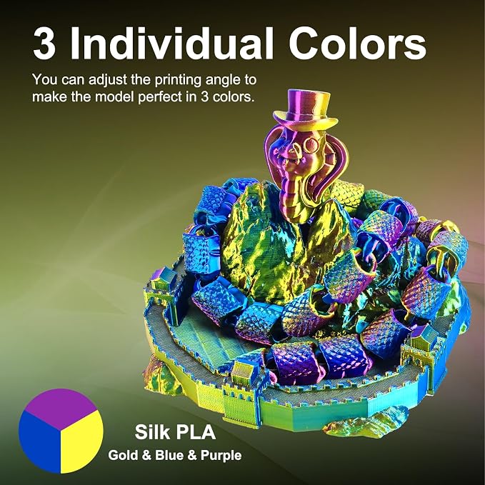 ERYONE Silk Tri Color PLA Filament 3D Printer 1.75mm +/- 0.03mm, Multicolor Filament Tricolor PLA 1KG(2.2lbs) Cardboard Spool, Gold Blue Purple