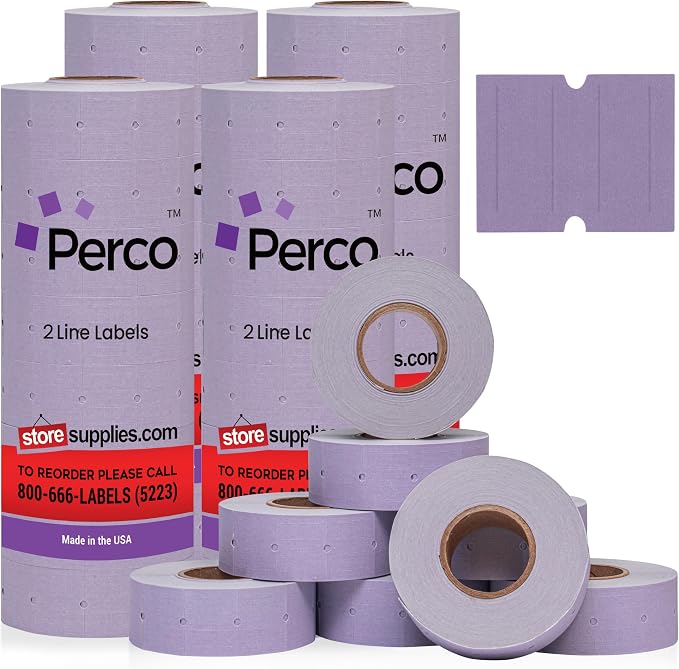 Perco 2 Line Lavender Labels - 24,000 Blank Price and Date Gun Labels for Perco 2 Line Price and Date Guns - 32 Rolls, 4 Sleeves - Made in USA