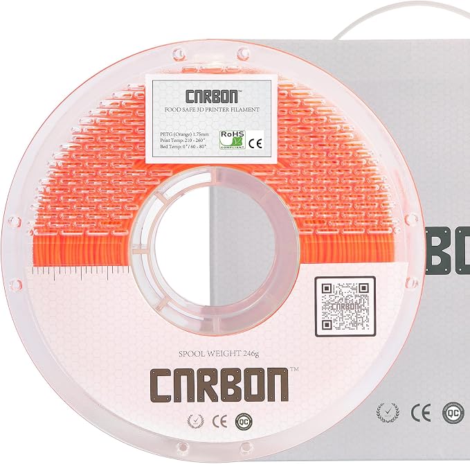 Certified Food Grade & ISO 10993 Biocompatible Skin Safe PETG 3D Printer Filament - CARBON by Comfy Materials - Lab Tested FDA Compliant Food Safe, 1.75mm, 1kg, Accuracy: +/- 0.02 (Orange)