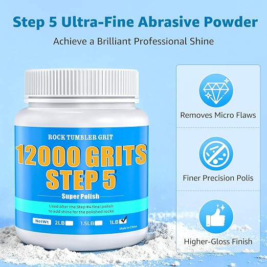 12000 Grit Aluminum Oxide Rock Tumbler Polish – Final Stage (Step 5), Ultra-Fine High Gloss Polishing Powder for Rocks, Gems, Glass & Jewelry Making, Polish Refill, 1 lb