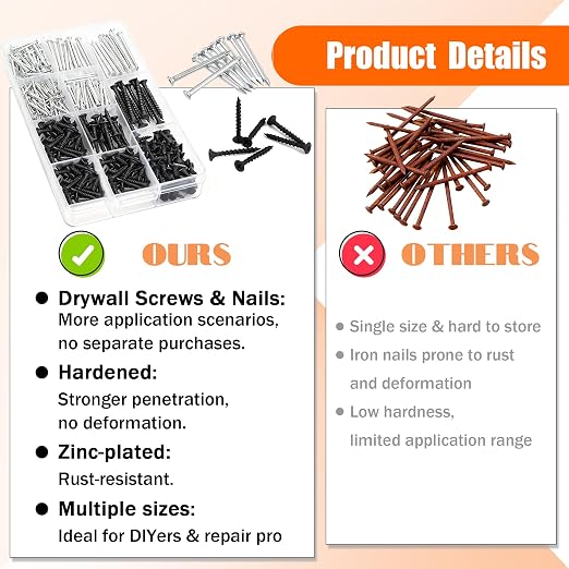 Dianrui Nails & Wood Screws Assortment Kit, 320 PCS #6#8 Philips Black Drywall Screws Set and High Hardness Hardware Small Nails for Picture Hanging/DIY Repair Project Length 1/2" to 2"
