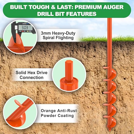 SELEWARE Auger Drill Bit for Planting 3"x32" Drill Auger for 3/8" Hex Drive | Orange Heavy-Duty Steel Garden Auger Drill Bit, Bulb Planter Tool, Auger Post Hole Digger for Bulbs, Flowers, Fence Posts