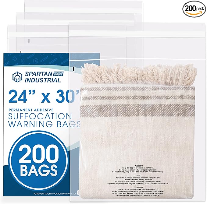 Spartan Industrial - 24" X 30" (200 Count) Self-Seal Clear Poly Bags With Suffocation Warning for Packaging, Shipping, Decor - Permanent Adhesive