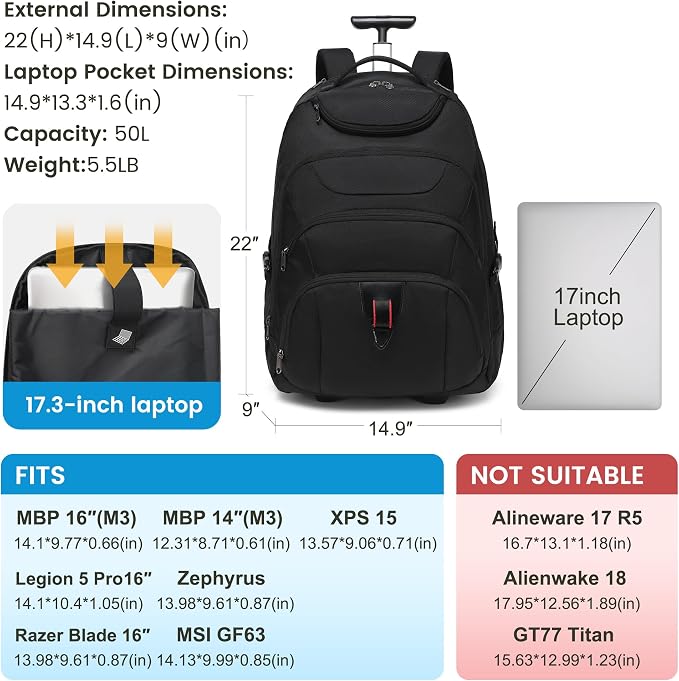 Boavan Rolling Backpack,17 inch Water Resistant Wheeled Backpack,Carry on Luggage Business Bag, Overnight College Computer Trolley Suitcase for Men Women Adults to Travel，Black