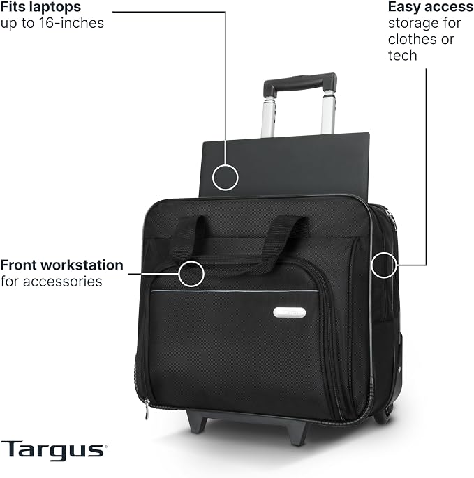 Targus 16 inch Rolling travel laptop case, Black - Travel briefcase and small rolling bag - Spacious foam padded laptop case 16" (TBR003US)