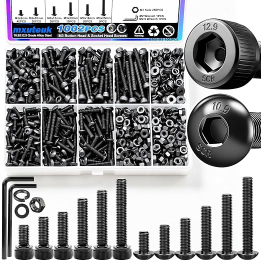 mxuteuk 1002PCS M3 Screws,M3 Metric Screws Assortment Kit,M3×6/10/12/16/20/25mm Machine Screws,12.9 & 10.9 Grade Alloy Steel Hex Socket Button & Cap Head M3 Bolts with 2 Hex Wrench