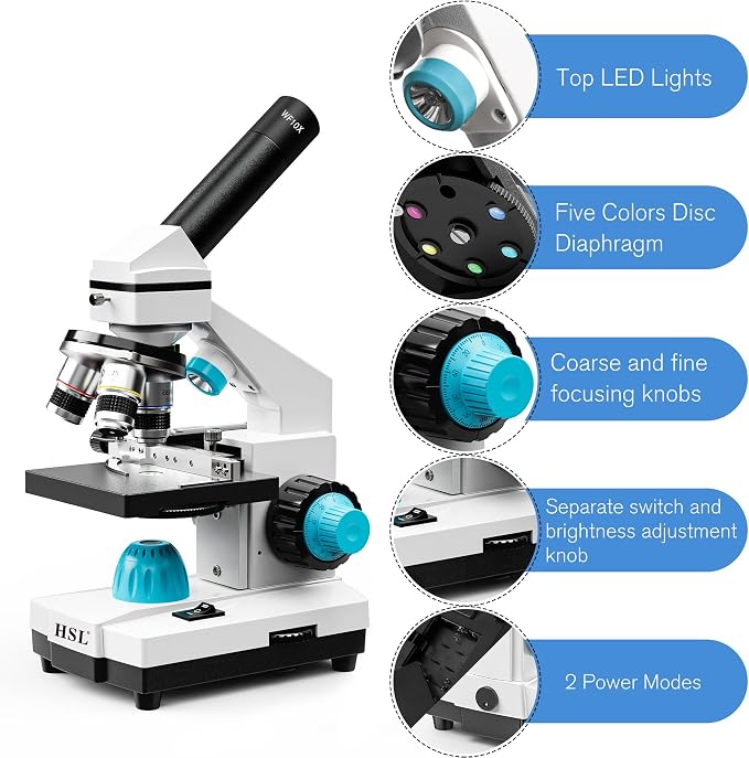 HSL 40X-2000X Monocular Compound Microscope Kit for Students Adults,Dual LED Powerful Biological Microscopes Set for Laboratory School Education Science Beginner 1000x 2000x