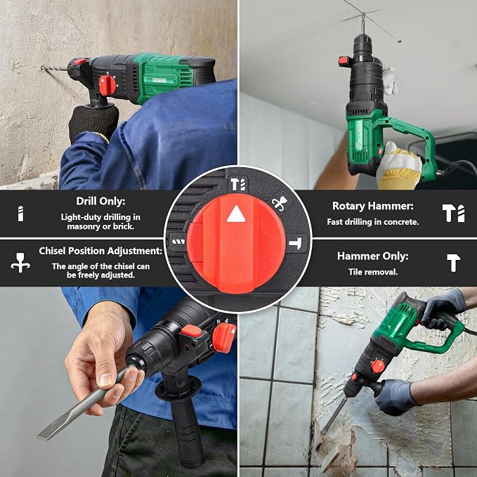 1" SDS-Plus Lightweight Concrete Rotary Hammer Drill w/ 1/2" Adapter | 9 Amp Corded Electric 7.2 Lbs 4 Functions & Reverse Variable Speed Safety Clutch Rotomartillo w/ 3 Drill Bits 2 Chisels Case