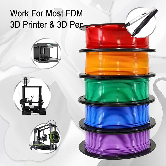 1.75mm 5 Spools 5 Popular Colors PLA 3D Printer Filament in 1 Bundle, Red/Purple/Green/Blue/Orange, Each Spool 0.25kg, Total 1.25kg PLA 3D Printing Material, 250g x 5 Spools