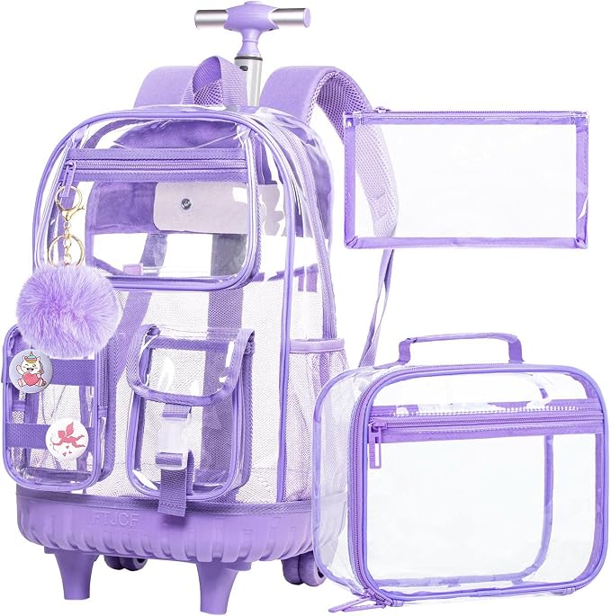 CCJPX 3Pcs Clear Rolling Backpack for Girls Women, Heavy Duty PVC Transparent Wheeled Bookbag, See Through School Bags with Wheels for Teens Elementary Travel - Purple