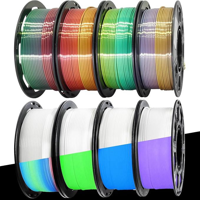 MIKA3D 8 Spools Different Popular Colors 3D Printing Filament PLA Bundle, 1.75mm 4 Different Silk Rainbow PLA, 4 Different Glow in Dark PLA, Total 8 Spools Packed, 0.25kg/Spool, Total 2kg