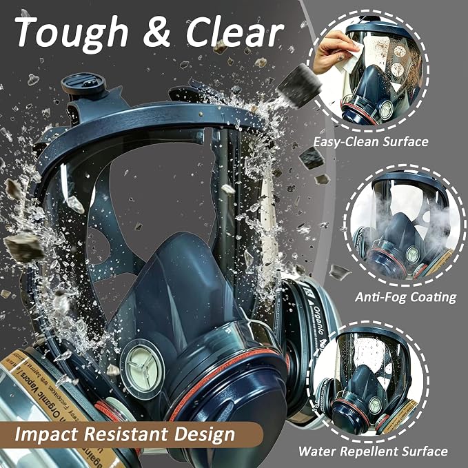 Reusable Full Face Respirator Mask, Anti-Fog Clear Lens, Anti-Paint Adhesion Safety Mask with Filters for Spray Painting, Welding, Polishing, Construction & Chemical Industrial Work