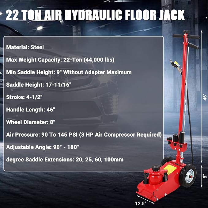 Air Hydraulic Floor Jack, 22-Ton(44,000 LBS) Low Profile 9 Inch Heavy Duty Jack for Trucks & Tractors, Dual Power Air/Manual Hydraulic with 4 Adapters, Adjustable 46" Handle & Rubber Wheels