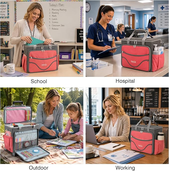 Rolling Teacher Tote Bag with Wheels, Heavy Duty Wheeled Craft Organizer Bag, Portable Art Scrapbook Storage Cart, Travel Office Carry Tote for Women Teachers Craft Supplies Storage Pink