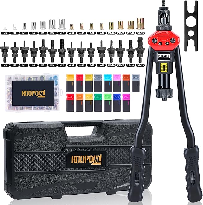 KOOPOOL 16" Rivet Nut Tool Kit, Heavy-Duty Rivnut/Nutsert Tool with 7 Mandrels (M6, M8, M10, 1/4"-20×2, 5/16"-18, 3/8"-16) & 70 Rivet Nuts, Rugged Rivnut Tool Kit with Carrying Case (16")