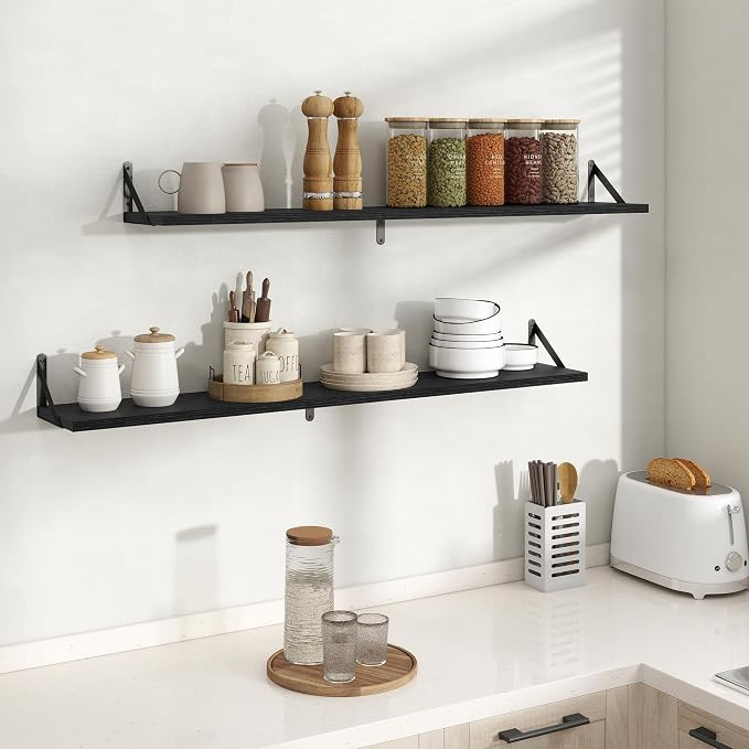 Floating Shelves 8 Inch Deep, 48W x 8D Wall Shelf Set of 2, 70 lbs Heavy Duty Reversible Metal Brackets, Industrial Book Shelf for Living Room Kitchen Bathroom Bedroom Gallery Wall, Black