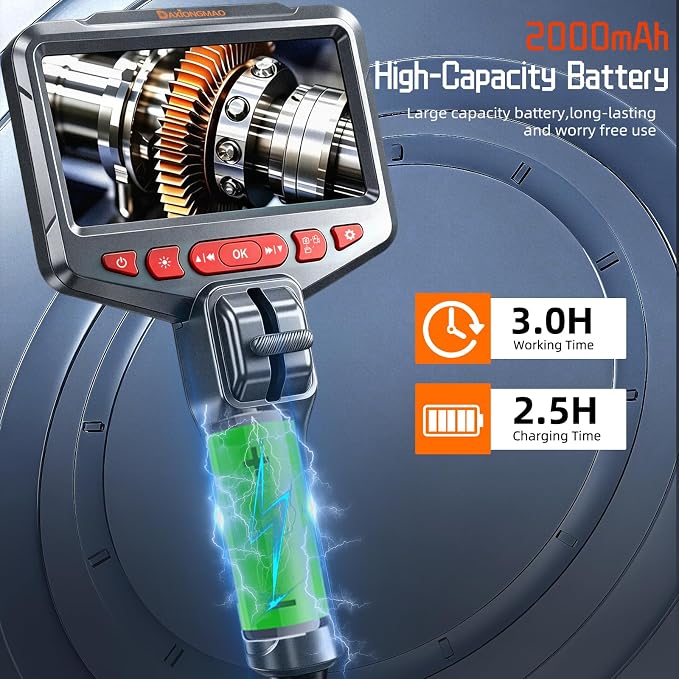 Two-Way Articulating Borescope, 1080P HD Industrial Endoscope Inspection Camera with 8 LED Lights, Mechanical Tool for Automotive, HVAC, Plumbing, IP67 Waterproof & 5ft Semi-Rigid Flexible Snake Probe