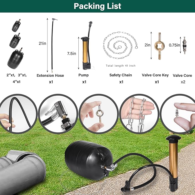 Upgraded 3PK Inflatable Pipe Plug Balloon Kit(2",3",4") with Fast Air Pump & Extension Hose, Rubber Sewer Test Balls with Safety Chain & Valve Tool for Plumbing Pressure Testing/Drain Blocking