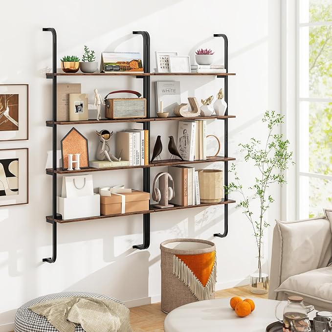 Giantex 4-Tier Industrial Bookshelf Set of 2, Wall Mounted Pipe Shelving Unit, Floating Shelves with Metal Frame, Hanging Wall Display Shelf, Wood Ladder Bookshelf for Living Room,Kitchen,Rustic Brown