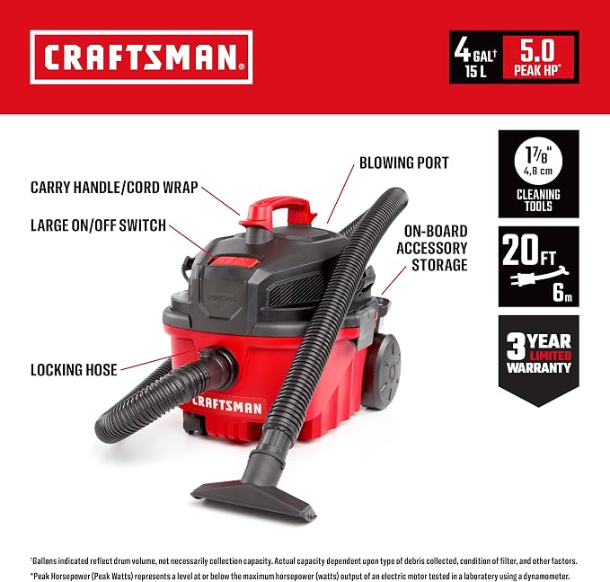 CRAFTSMAN CMXEVBE17040 4 Gallon 5.0 Peak HP Wet Dry Shop Vacuum