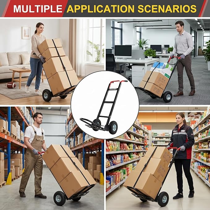 600 lbs Aluminum Hand Truck & Heavy Duty Dolly for Moving, Industrial Utility Cart with 10-Inch All-Terrain Pneumatic Tires, Secure Transport in Warehouse and Residential Use