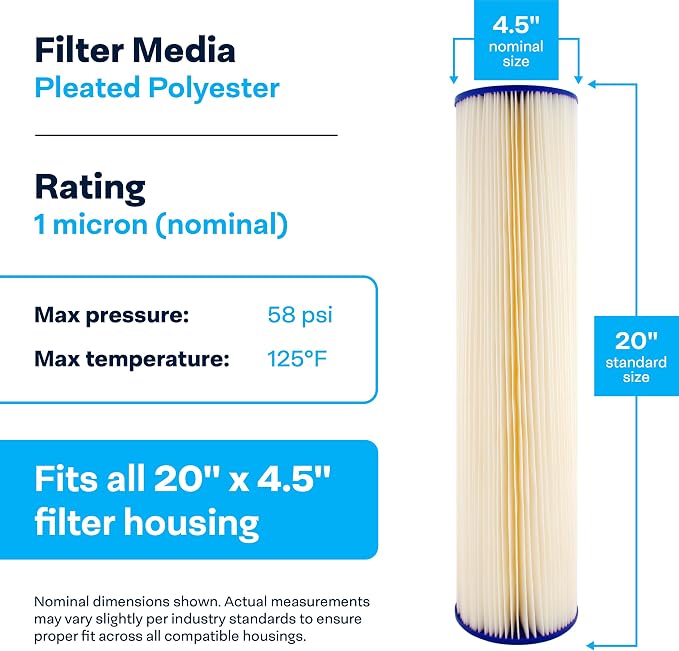 SpiroPure 20x4.5 1 Micron Pleated Sediment Water Filter SPC-45-2001, 6 Pack