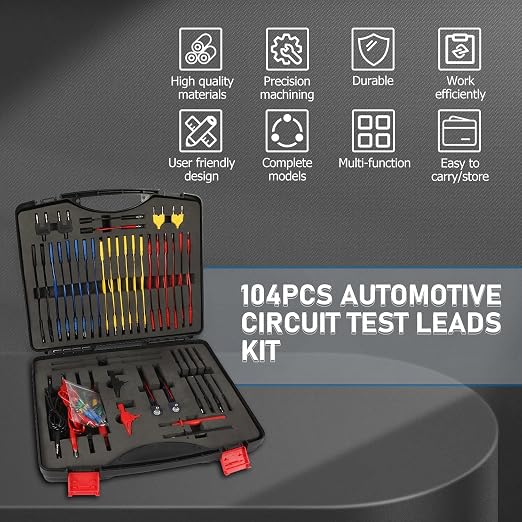 104PCS Automotive Circuit Test Leads Kit, Multimeter Terminal Test Leads Kit Multi Function Probe Test Kit with Heavy Duty Back Probes Test Lead Set Wire Connectors Set with Black Carrying Case