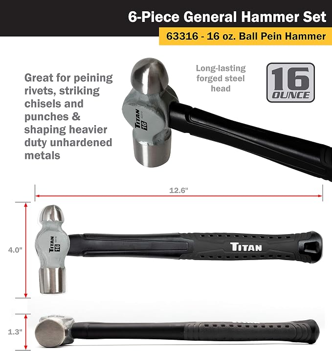Titan 63136 6-Piece Hammer Set, Includes 16oz & 32oz Ball Pein, 32oz Rubber Mallet, 3lb Sledgehammer, 2lb Dead Blow & 3lb Cross Pein