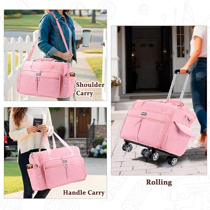 AMOIGEE Full-Open Sewing Machine Case with Wheels, Large Rolling Sewing Machine Bag with Detachable Foldable Dolly, Heavy-Duty Embroidery Tote for Brother Singer Janome Standard Machines Storage