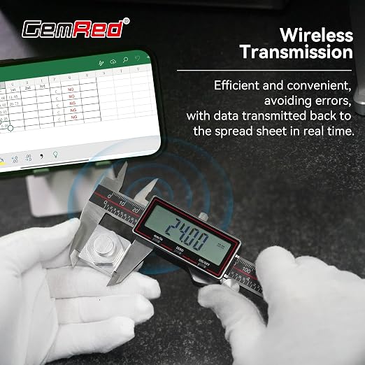 GemRed Wireless Digital Caliper 0-6 Inch/150mm with Data Transfer to Excel/Phone/PC, Stainless Steel Caliper Measuring Tool with Auto-Off, Large LCD Inch/MM for DIY/Household/3D-printing