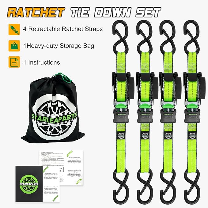 STARLEAPARTS Retractable Ratchet Straps,1500lbs Break Strength,1.0in X12ft | 4pk Retractable Tie Down Set, Auto Ratchet Strap for Motorcyle,Pickups, Kayak, Truck