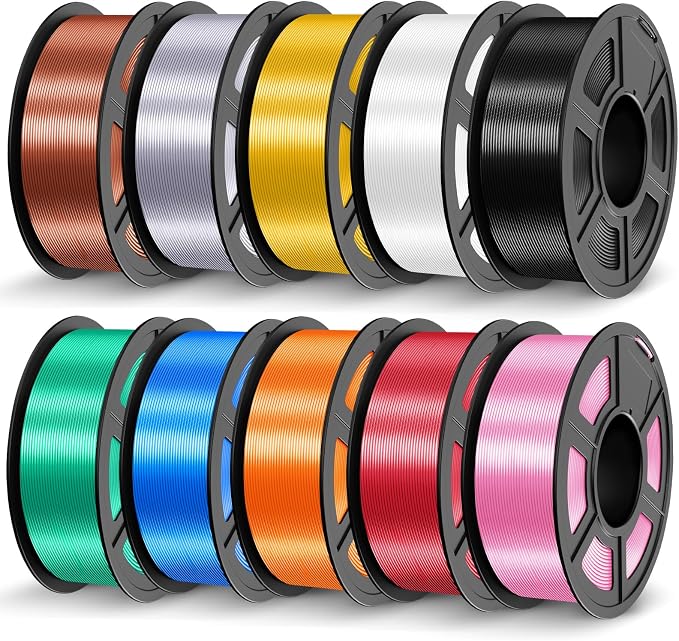 JAYO Silk PLA Filament Bundle 1.75mm 11KG, Metal-Like Shiny 3D Printer Filament, 1.1kg per Spool, Spool of 10, Black, White, Light Gold, Silver, Red Copper, Pink, Red, Blue, Green, Orange