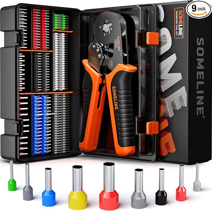 SOMELINE Ferrule Crimping Tool Kit,Self-Adjusting Pliers for wire ferrules AWG 24-8, With 9 Sizes Insulated Wire Ferrules Terminals,Square Crimp Connector Assortment Kit (GX9-4)