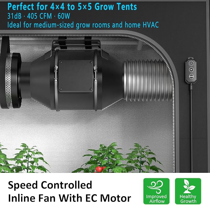 Toolazy 6 Inch Inline Duct Fan, 405 CFM Quiet EC Motor Ventilation Fan with 10-Speed PWM Controller, Low Noise 31dB Mixed-Flow Exhaust Fan for Grow Tent Hydroponics HVAC Cooling Bathroom