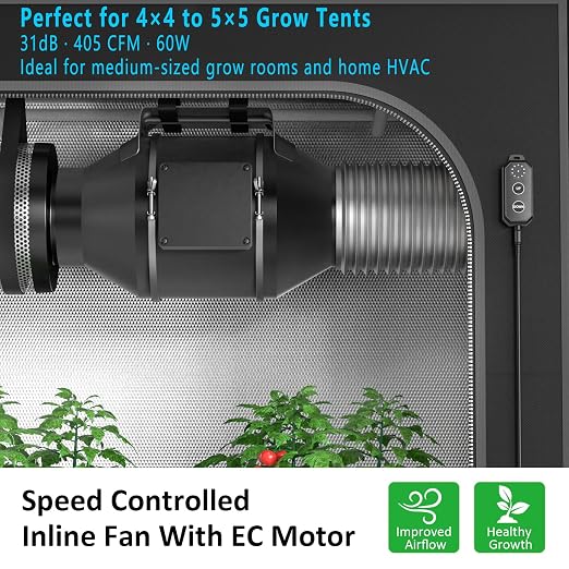 Toolazy 6 Inch Inline Duct Fan 405 CFM, Vent Booster Exhaust Fan with 0-100% Variable Speed Controller, EC Motor 31 dBA Quiet Ventilation Fan for Grow Tent, HVAC, Basement, Bathroom, Crawl Space