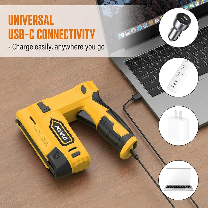 POPULO Electric Staple Gun, 2 in 1 Electric Stapler Tacker 4V Cordless Brad Nailer Kit, Battery Powered Nail Gun for Upholstery, Carpentry, DIY with Staple Remover, 1600 Staples and Nails, Yellow