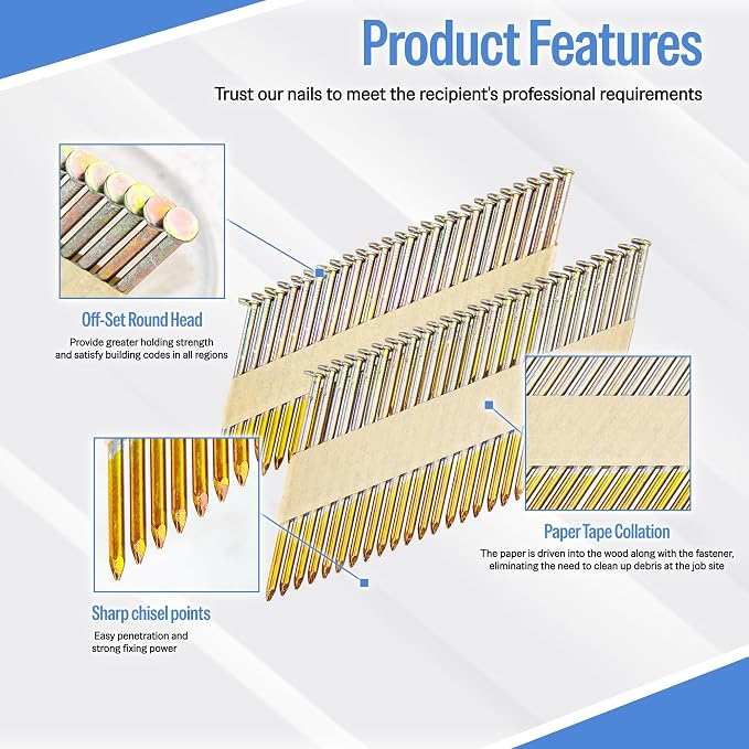 meite 30 Degree Framing Nails 3 Inch x .120 Inch Paper Collated Nails for 30-34 Degree Framing Nailer Gun, Electro-Galvanized Offset Round Head Framing Nails for Wall Studs Sheathing Decking 2,000PCS