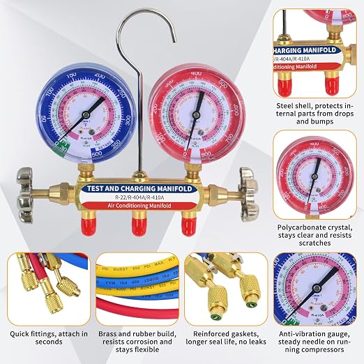 42201 Manifold Gauge Set, 3-1/8" (80mm) Anti Vibration Gauges, 60" Y/R/B Hoses with Compact Ball Valves, 1/4" Fittings, 2 Valve, 6 Dust Plugs, for HVAC Test and Charging of R-22, R-404A, R-410A