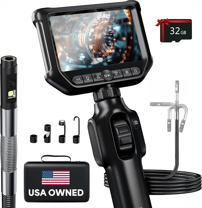 Two-Way Articulating Borescope, Dual Lens Inspection Camera with Light, 6mm Lens Snake Camera for Mechanic Inspections, and Plumbing, .24in Borescope Automotive, Industrial Endoscope, 5ft