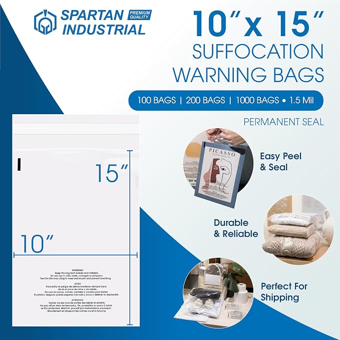 Spartan Industrial - 10” X 15” (200 Count) Self Seal Clear Poly Bags with Suffocation Warning for Packaging, T Shirts - Permanent Adhesive
