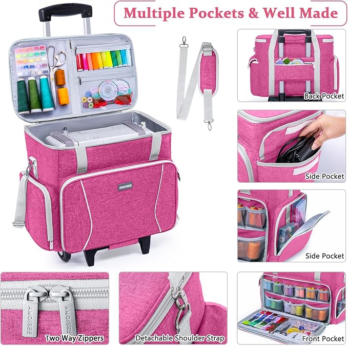 AMOIGEE Rolling Sewing Machine Case with Wheels – Sewing Machine Bag with Detachable Wheels Frame, Trolley Tote with Removable Padding,Fits Most Standard Machines Compatible with Singer,Brother,Janome