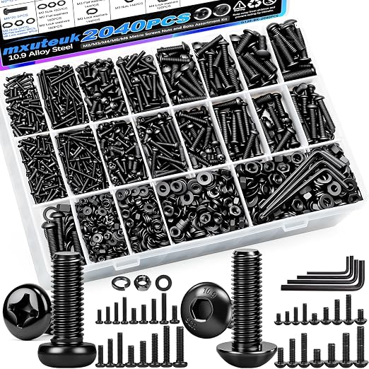 mxuteuk 2040PCS Metric Screws Nuts and Bolts Assortment Kit,M2 M3 M4 M5 M6 Machine Screws,Black Zinc Plated Hex Socket Button Head & Phillips Pan Head Screw for 3D Printing,DIY Projects
