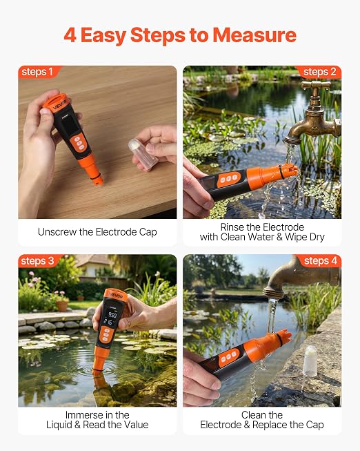VEVOR pH Meter, 0-14 pH Range, IP68 Waterproof Probe, Pocket Tester Kit with Calibration Powder Packets, VA Display Screen, for Drinking Water, Hydroponics, and Aquarium Water Quality Testing