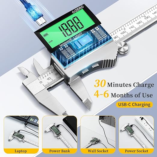 Rechargeable Digital Caliper 6 Inch, Large Backlit LCD Display, Stainless Steel Electronic Vernier Dial Calipers Measuring Tool, Inch/MM/Fraction, Auto-Off Micrometer for DIY, Household, 3D Printing