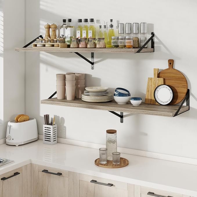 Floating Shelves 12 Inch Deep, 48W x 12D Wall Shelf Set of 2, 70 lbs Heavy Duty Reversible Metal Brackets, Deep Industrial Book Shelf for Living Room Kitchen Bath Bedroom Coffee Bar, Grey